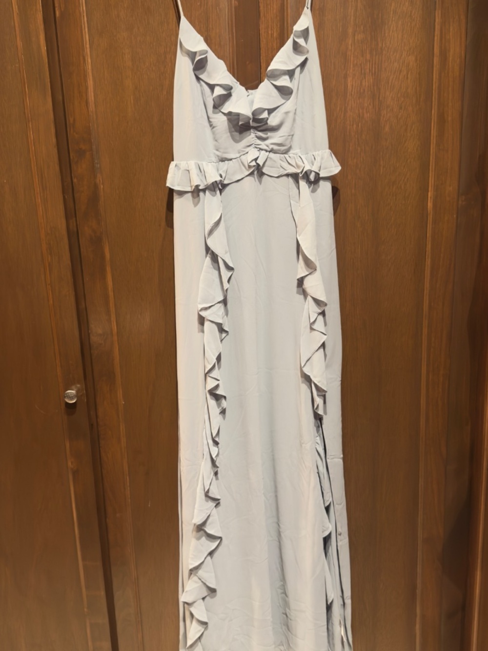 NWT ASTR The Label Adoria Ruffle Side Slit Maxi Dress Gown Dusty Blue - Picture 5 of 10